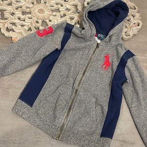 Polo by Ralph Lauren Grey Navy Blue Striped Big Pony Zip up Hoodie Size 7